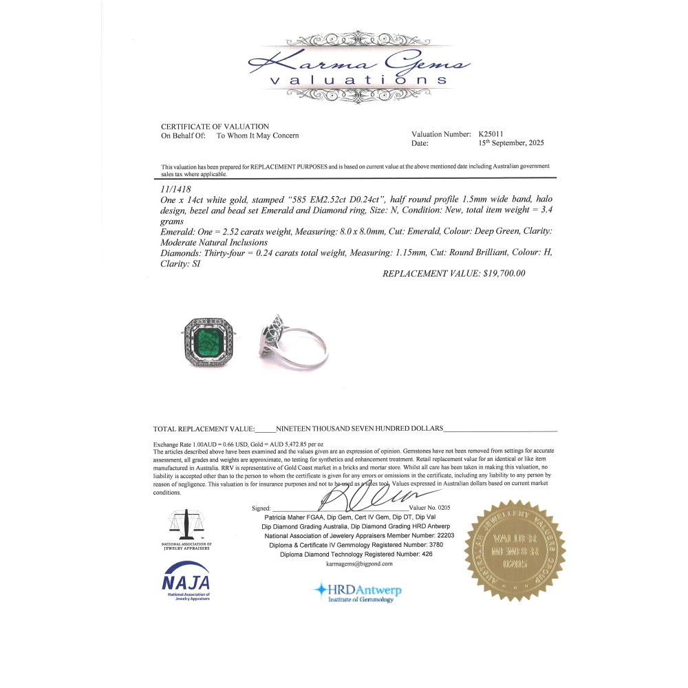 2.52ct White Gold Emerald and Diamond Halo Ring