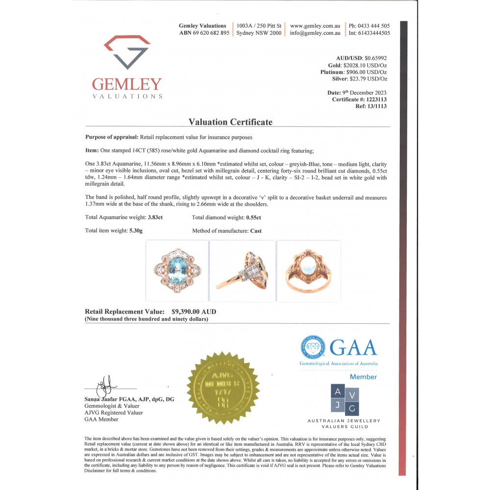 3.83ct TSW Rose Gold Aquamarine and Diamond Cocktail Ring