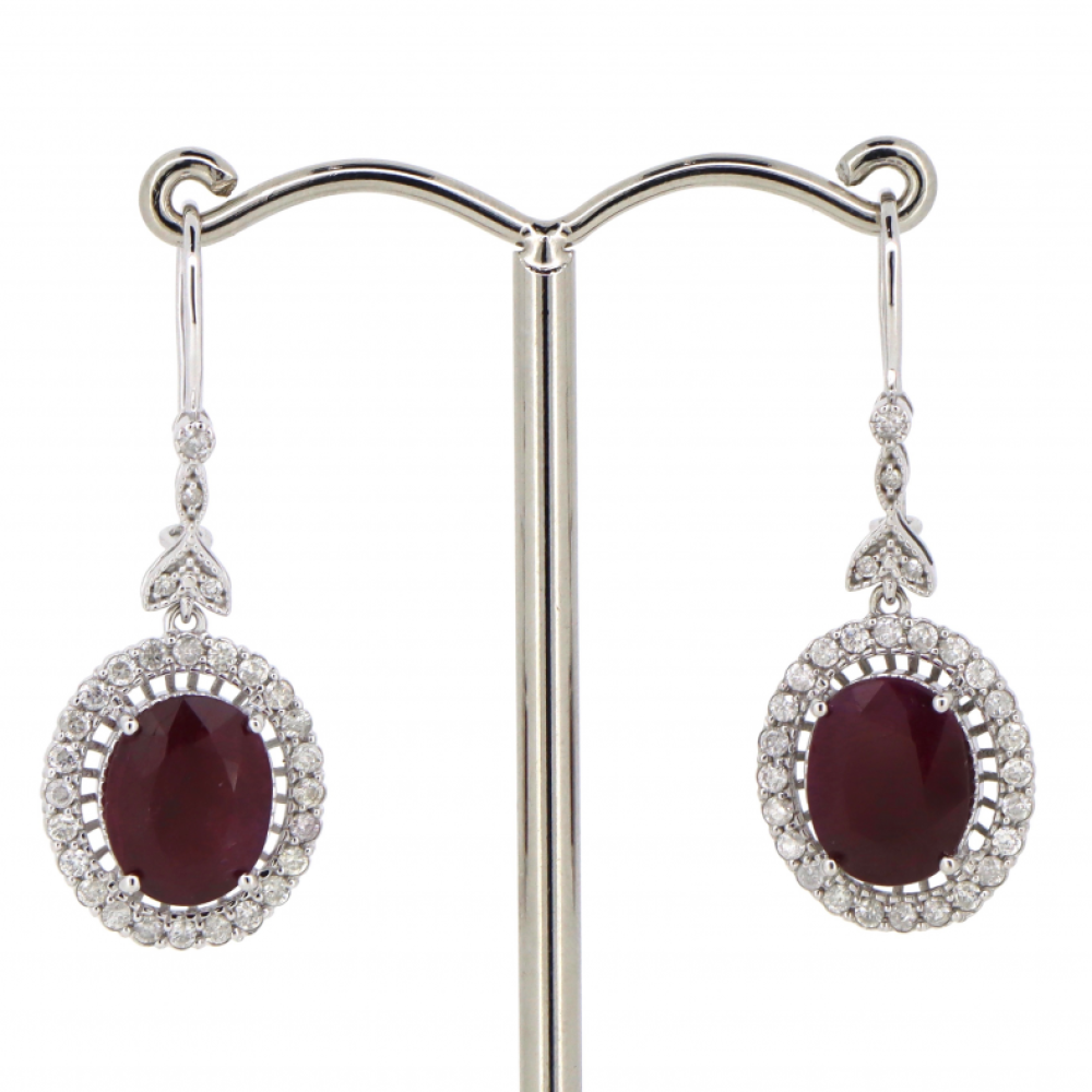 White Gold Ruby and Diamond Halo Earrings