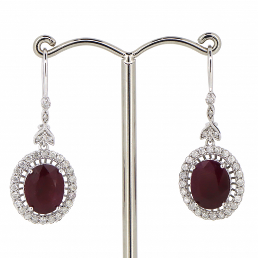 White Gold Ruby and Diamond Halo Earrings