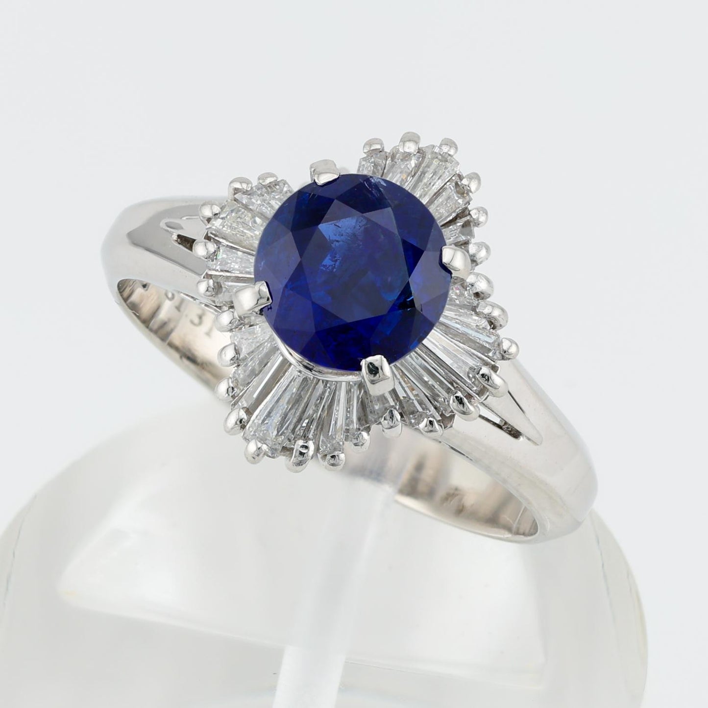 Round Faceted Natural Sapphire Ring with Baguette-Cut Diamond Halo