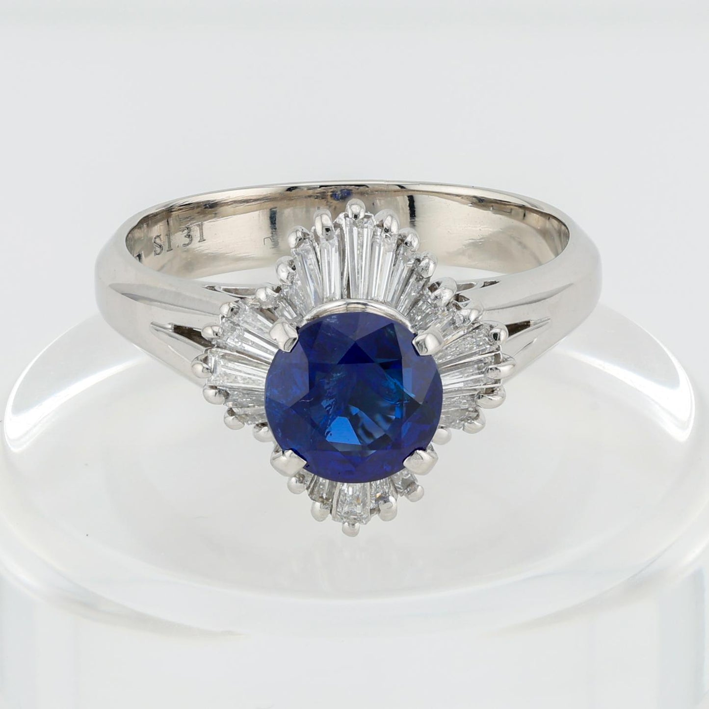 Round Faceted Natural Sapphire Ring with Baguette-Cut Diamond Halo