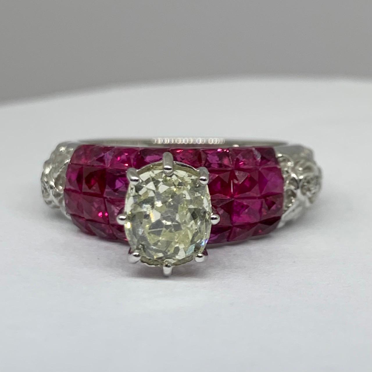 1.60ct Cushion-Cut Old Mine Natural Diamond Ring with Ruby-Encrusted band