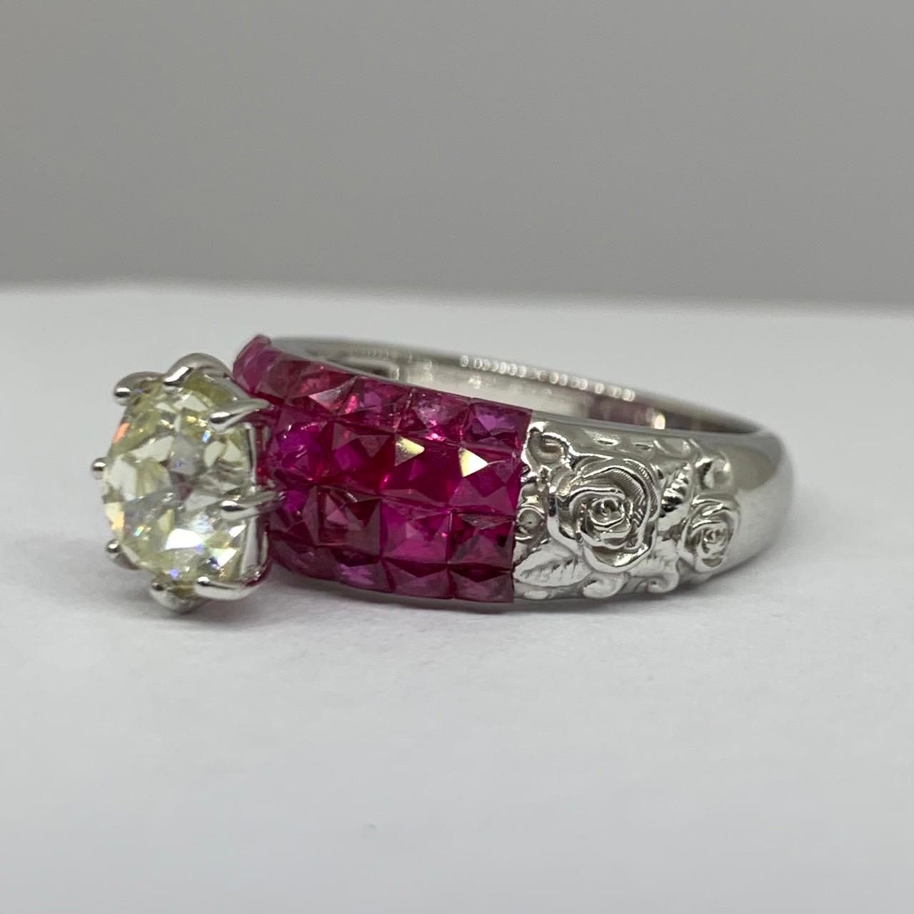 1.60ct Cushion-Cut Old Mine Natural Diamond Ring with Ruby-Encrusted band