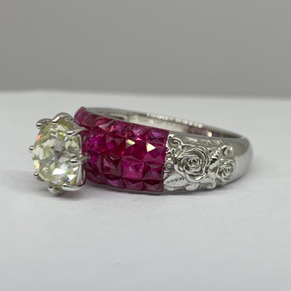 1.60ct Cushion-Cut Old Mine Natural Diamond Ring with Ruby-Encrusted band