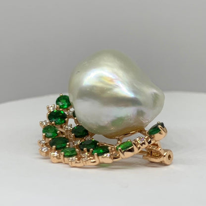 Natural Pearl Brooch with Tsavorite Garnets and Diamonds