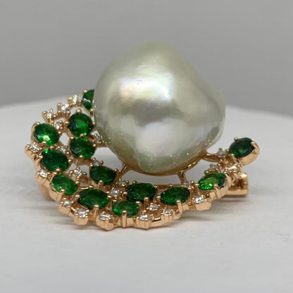 Natural Pearl Brooch with Tsavorite Garnets and Diamonds