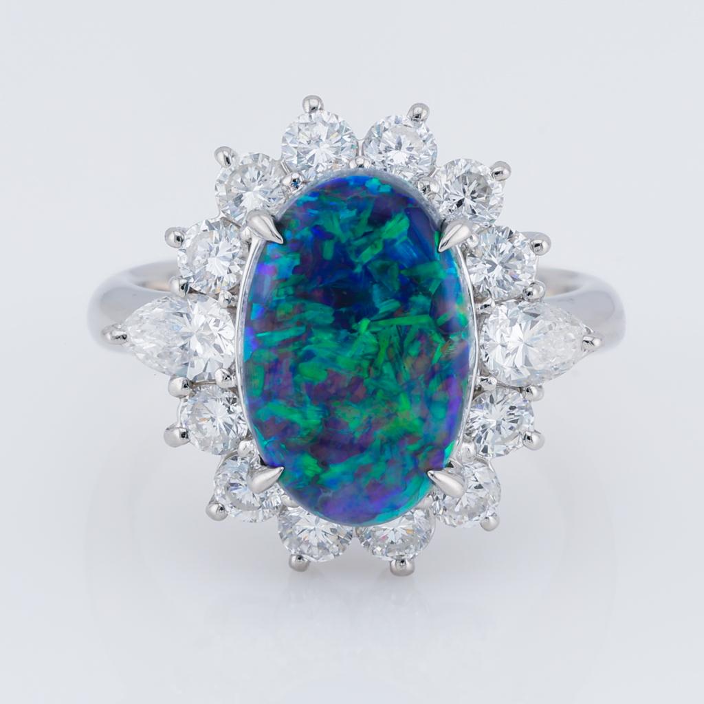 2.63ct Oval Cabochon Natural Opal Ring with Diamond Halo