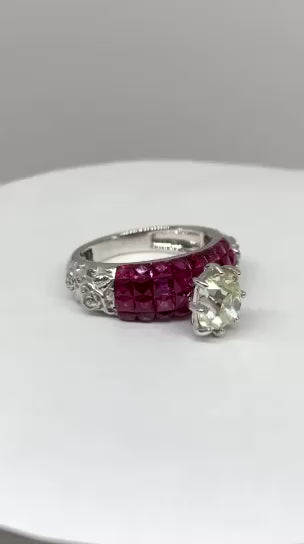 1.60ct Cushion-Cut Old Mine Natural Diamond Ring with Ruby-Encrusted band