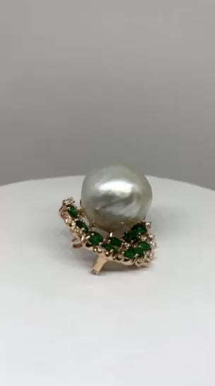 Natural Pearl Brooch with Tsavorite Garnets and Diamonds