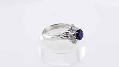 Round Faceted Natural Sapphire Ring with Baguette-Cut Diamond Halo